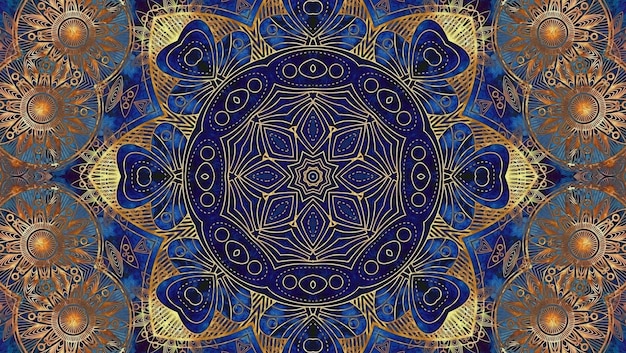 栄光の神秘的な魔法のデザイン要素のゴールデン ブルー テクスチャ マンダラ アート パターン