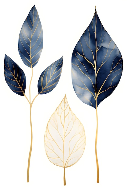 golden and blue tree leaves on white background Great for wall art and home decor Set of three wat