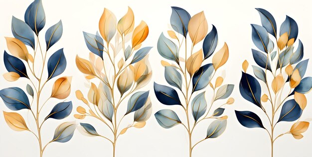 Photo golden and blue tree leaves on white background