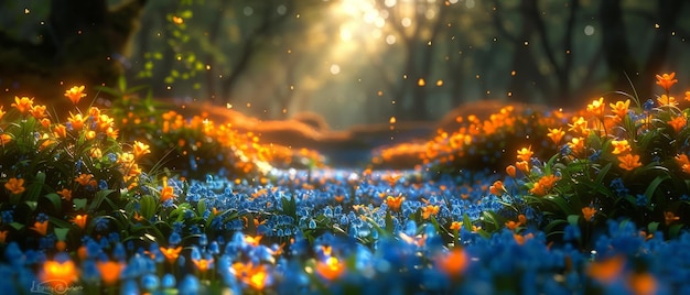 Photo a golden bluebell flower in a magical emerald garden in a fairyland forest fairy tale bells glade and ladybugs on a midnight background elven magic wood in the dark with moonlight shining through