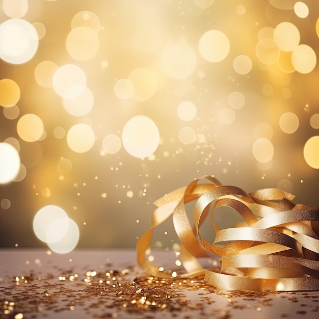 Golden blurred background with a bokeh effect confetti and golden ribbons Ai generated