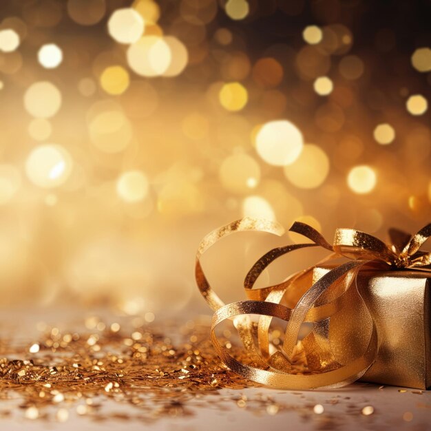 Golden blurred background with a bokeh effect confetti and golden ribbons Ai generated