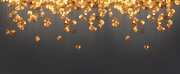 Golden bokeh in blur on dark background. Long banner