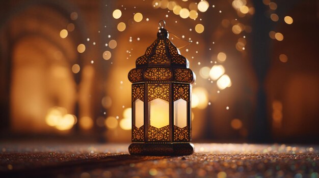 Golden bokeh lights designed Arabic lantern ramadan kareem background