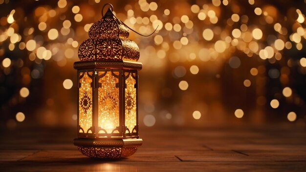 Golden bokeh lights designed Arabic lantern ramadan kareem background