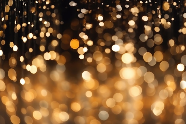 Golden bokeh lights and glitter stars on black background