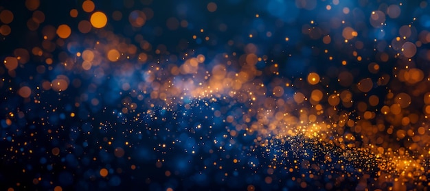 Golden bokeh particles on a mystical blue backdrop