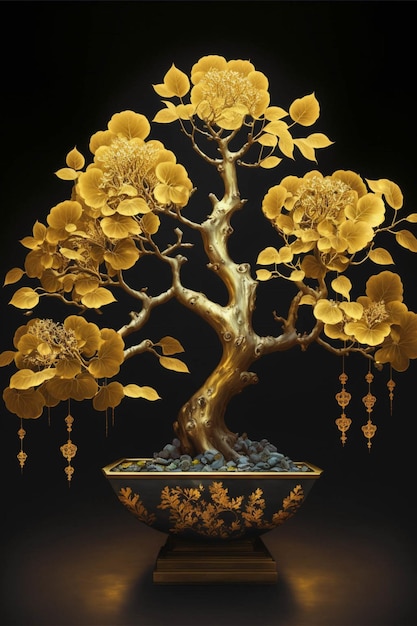 Golden bonsai tree on a black background generative ai