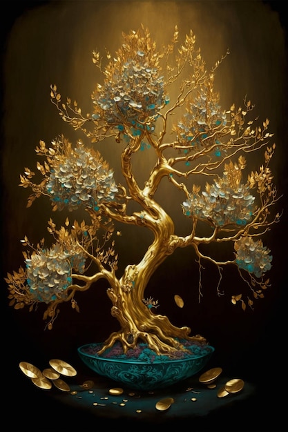 Golden bonsai tree sitting on top of a blue bowl generative ai