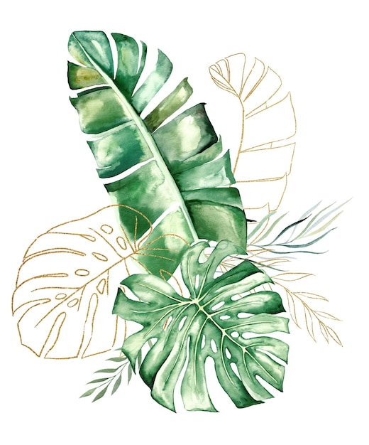 Golden bouquet with green and golden watercolor tropical leaves illustration