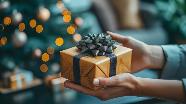 Photo golden bow adorns a handheld gift box amidst flora