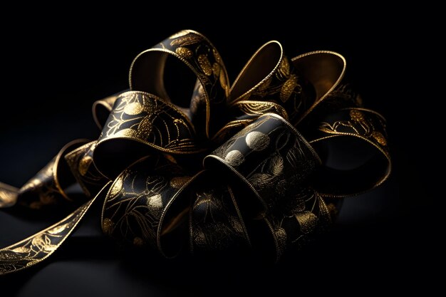 Golden bow isolated on black background Neural network AI generated