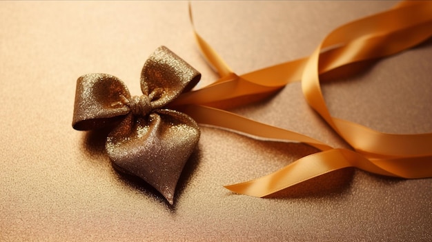Golden bow with ribbon on a golden background Festive background