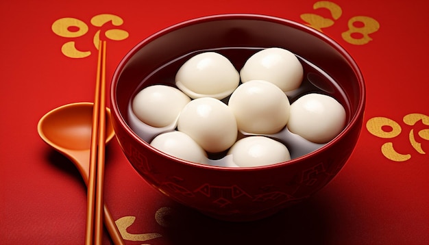 A golden bowl of 6 white tangyuan in the soup red background