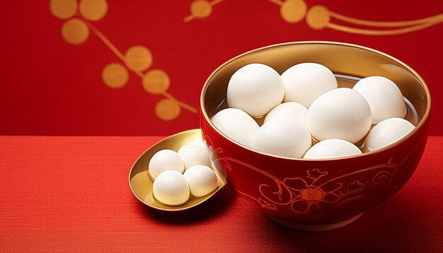 Photo a golden bowl of 6 white tangyuan in the soup red background