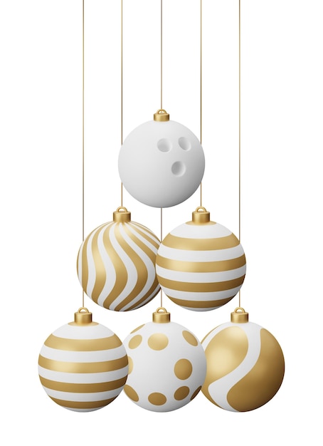 Photo golden bowling hanging christmas balls 3d render illustration isolated on white background