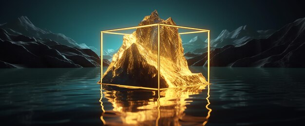 A golden box with a mountain in the middle of the water.