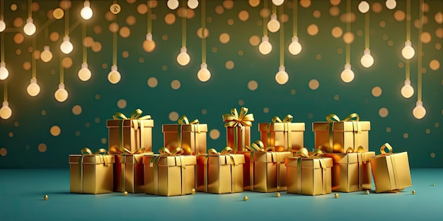 Golden boxes with gifts on the background of glowing lights