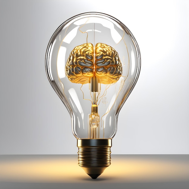 Фото Золотая мозговая лампочка 3d-искусство анимация золотая идея иллюстрация цифровой дизайн, созданный ии