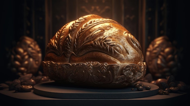 A golden bread with wheat ears on top of it.