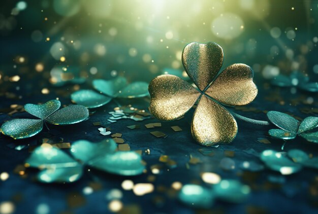 Golden bright four leaf clover on a bokeh background