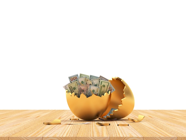 Golden broken egg shell with dollar bills