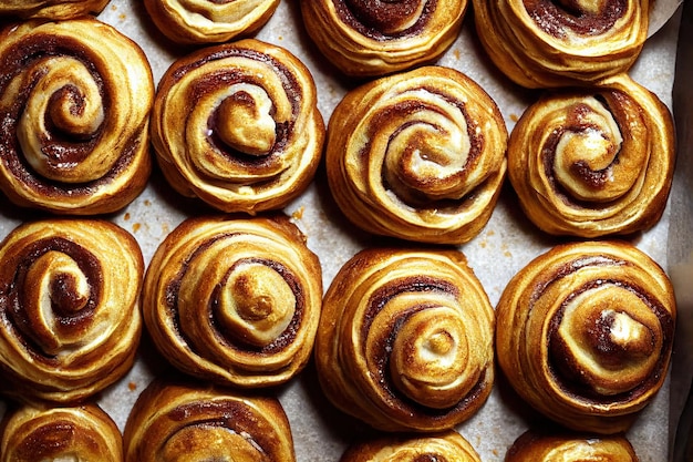 Golden brown appetizing cinnamon buns drizzled with caramel