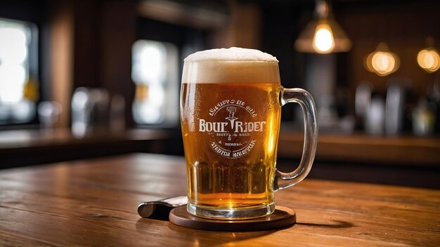 Golden brown beer in a glass mug on a wooden pub table