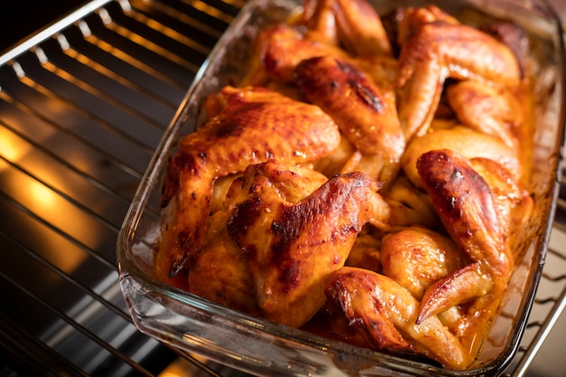 Le ali di pollo marrone dorato sono ancora nel forno. luce dalla lampada del forno