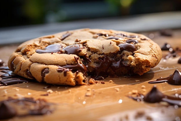 Photo golden brown chocolate chip cookie rests on a wooden surface against a blurred backdrop