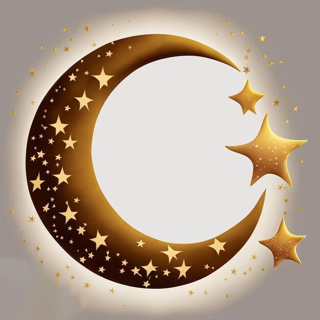 Photo golden and brown crescent moon with stars white background generative ai