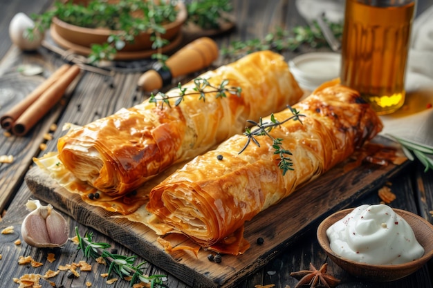 Photo golden brown filo pastry rolls with fresh herbs on rustic wooden table with honey and ingredients