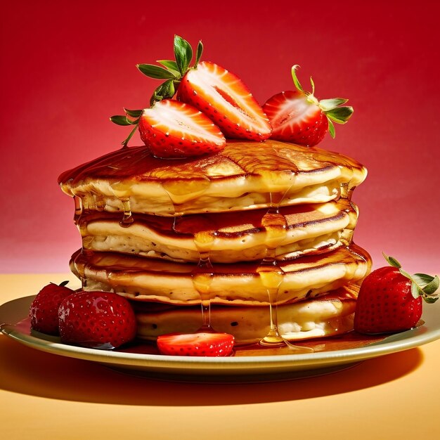 Golden brown fluffy stack of pancakes with a side generative ai