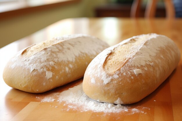 Foto panini francesi dorati marroni con polvere di farina