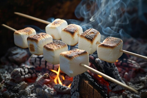 Photo golden brown marshmallows on fire for camping
