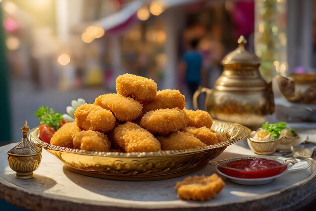 Foto un piatto marrone dorato traboccante di nuggets di pollo croccanti perfetti per immergere e affilare