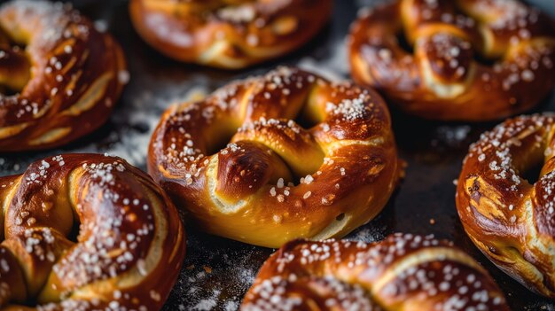 Golden brown pretzels with salt crystals on a dark textured background