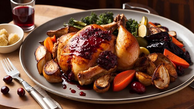 A golden brown roasted chicken balsamic cranberry sauce with a side of roasted vegetables