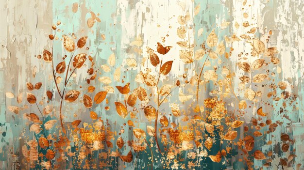 Golden brushstrokes on textured background Oil on canvas Modern art Floral green gray wallpapers posters cards murals rugs hangings prints posters