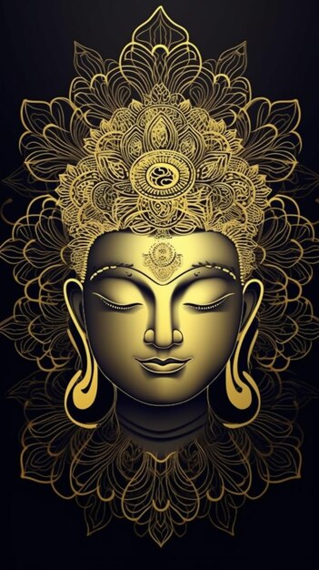 Photo a golden buddha face with ornate ornament on a black background generative ai