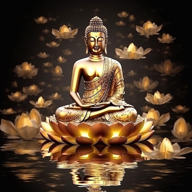 Premium Photo | A golden buddha sits in front of a black background ...