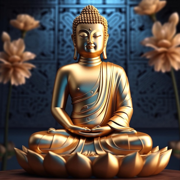 A golden buddha sits on a table with flowers in the background.