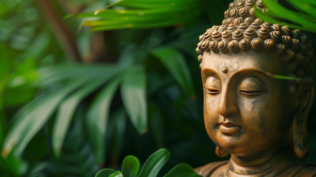 緑の熱帯植物の背景に黄金の仏像