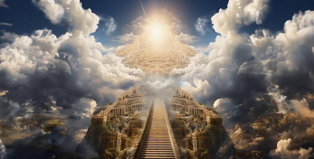Golden buddha statue cloud stairway to heaven heavenly gates of saint peter hd wallpaper