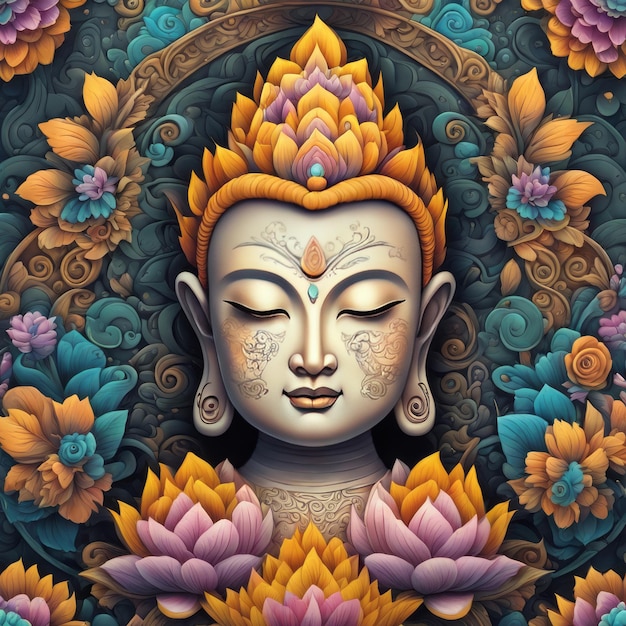 Golden buddha statue color illustration created with generative ai software