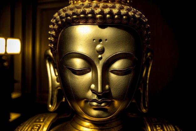 A golden buddha statue in a dark room