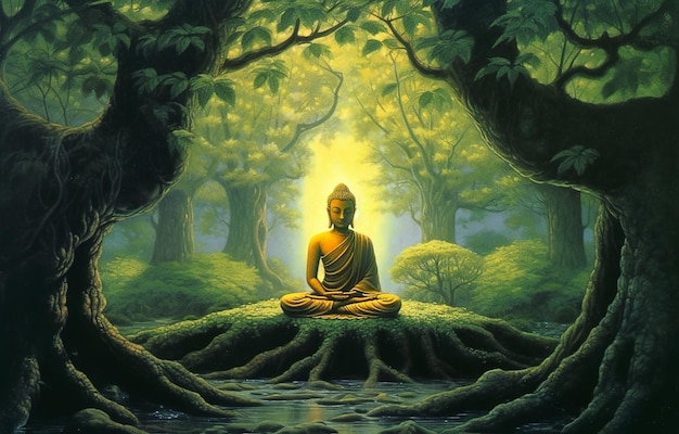 Golden buddha statue on the mountain background with copy space