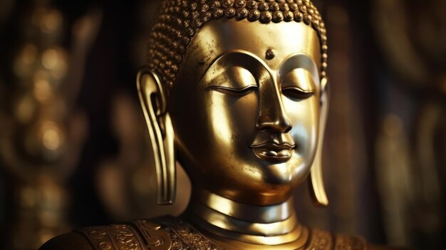 Photo a golden buddha statue sits in a store.