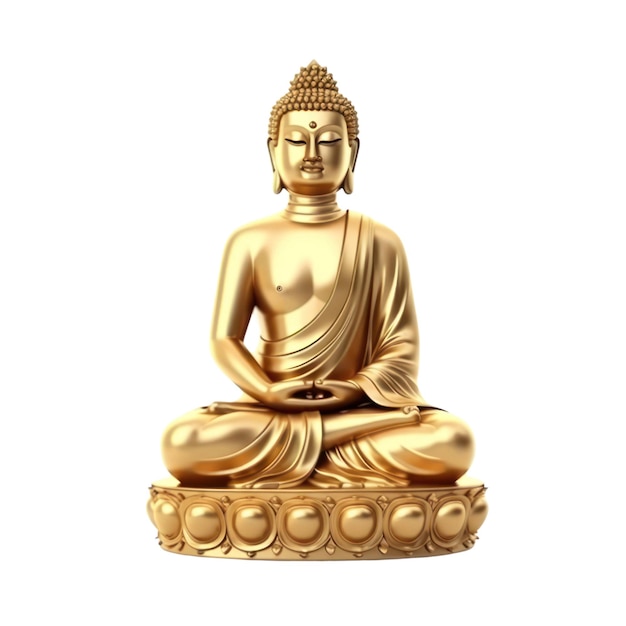 A golden buddha statue sits on a white background.