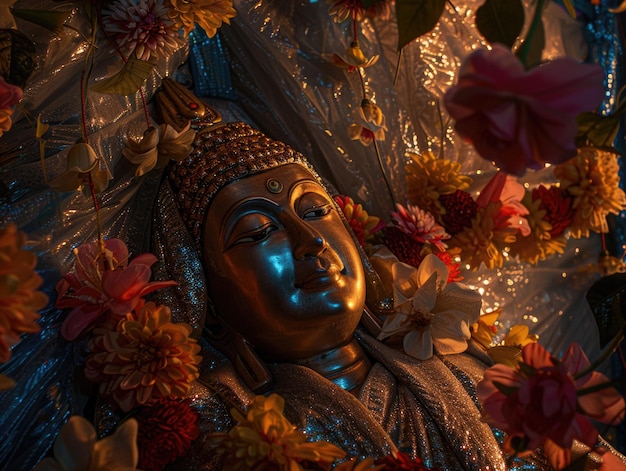 A golden Buddha statue stands peacefully amid a lush display of colorful flowers